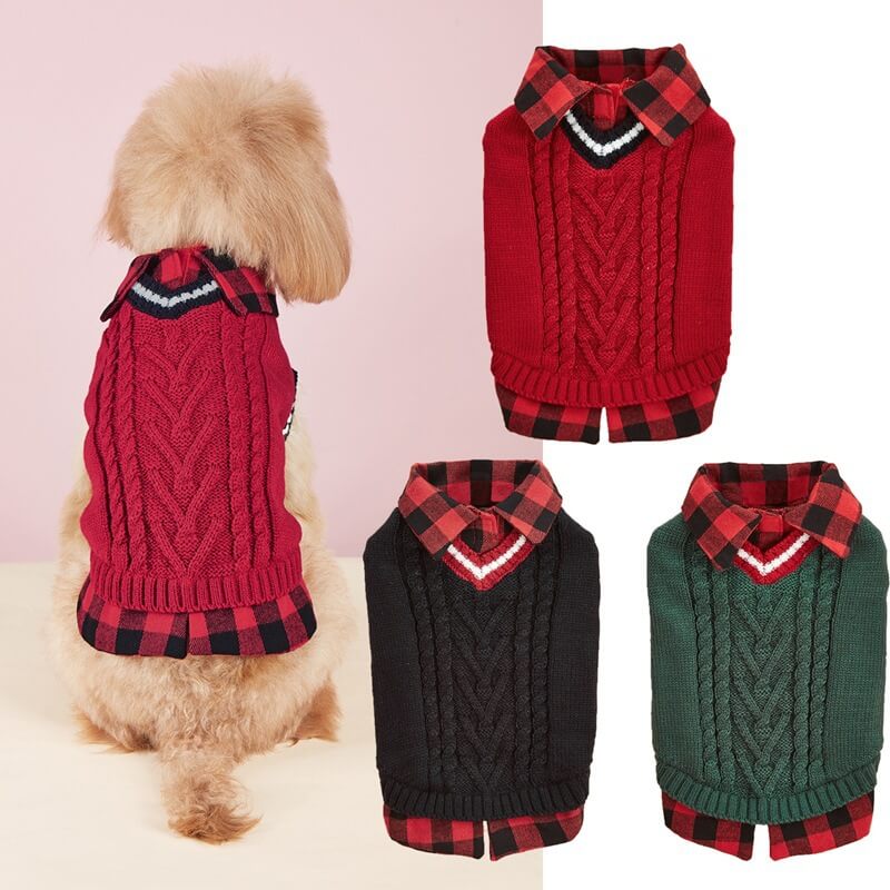 Perfect for Fall Winter Plaid Collar Cable Knit Dog Sweater Vest - Image 4