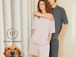 Eco-friendly Pet Hair Resistant Pure Color Crew Neck Short Sleeve Couples Pajama Set