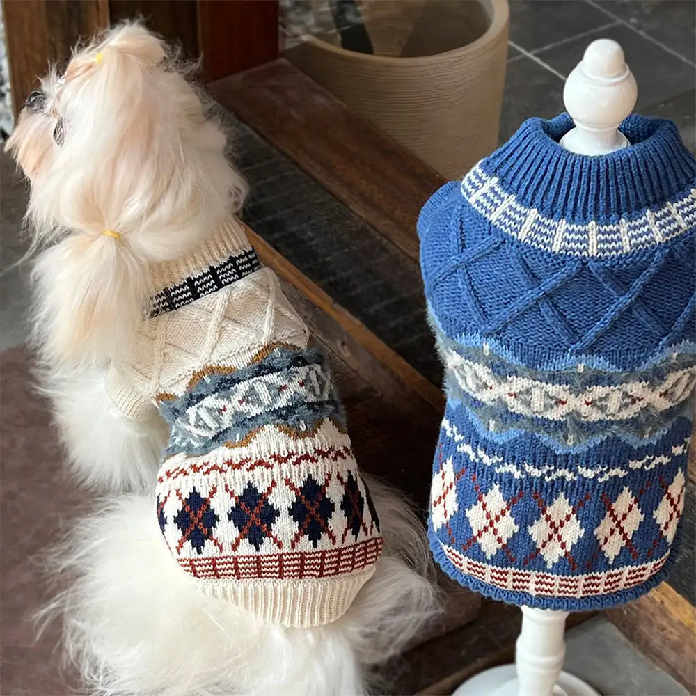 Knitted Fair Isle Diamond Dog Sweater - Image 3