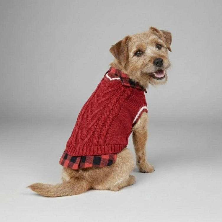 Perfect for Fall Winter Plaid Collar Cable Knit Dog Sweater Vest - Image 2